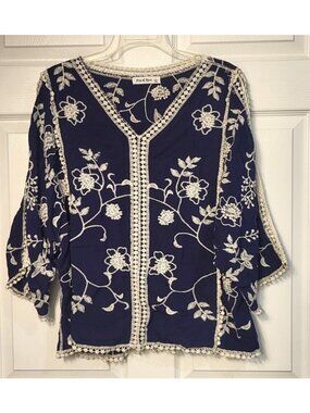 Womens Boho Ana & Rose Blue Embroidered Peasant Blouse Bloomcore L Festival